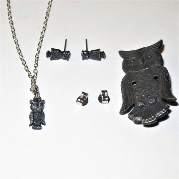 Children's  Pewter Owl Jewelry Set, Brooch, Earrings and Pendant Necklace - Picture 2 of 8